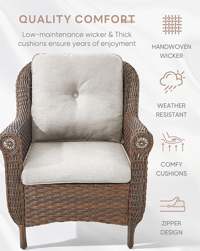 ACTREST Patio Wicker Chairs Outdoor Furniture Chair - Set of 4 Outside All Weather Lawn Dining Brown Rattan Armchair with High Back&Deep Seating for Deck Porch Balcony Backyard Garden - Beige