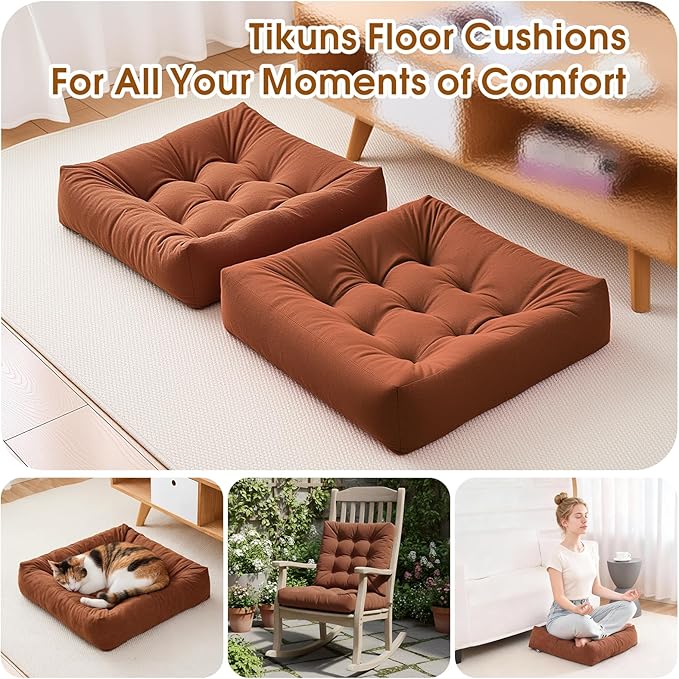 Tikuns 2Pcs Floor Pillows for Adults, 22x22 Inch Meditation Cushions, Large Square Sitting Cushion Living Room Memory Foam Pillow for Sitting (2, Brown, 22x22x4 Inch)