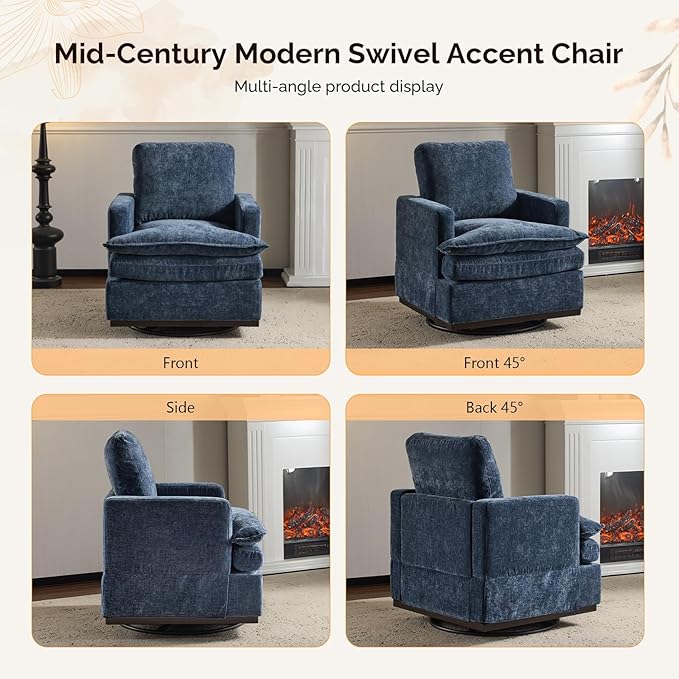VINGLI 360° Swivel Mid-Century Modern Accent Armchair with Double-Layer Seat Cushions, Comfy Single Square Sofa, Upholstered Club Chair for Living Room,Bedroom, Reading Room, Chenille Blue
