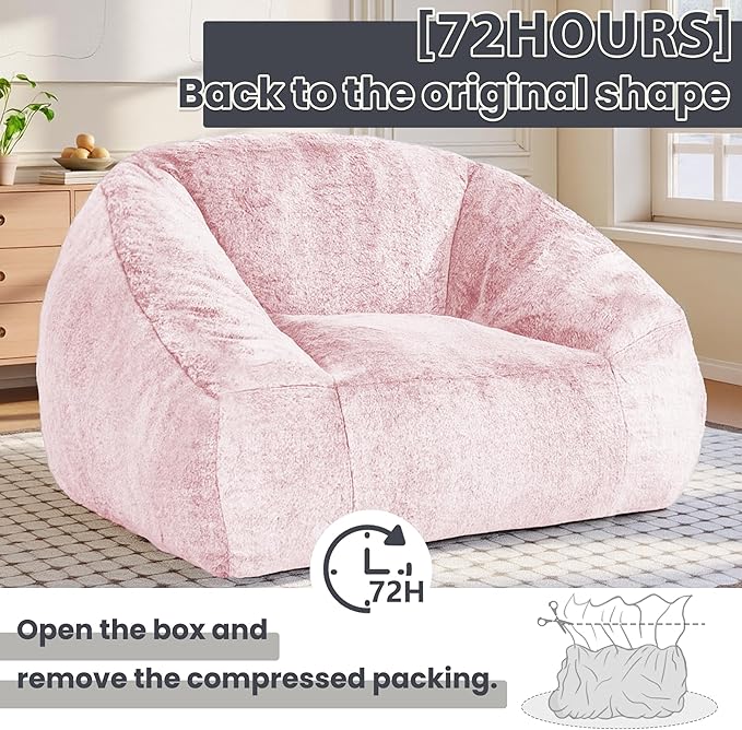Bean Bag Chairs for Adults, Giant Beanbag Sofa Comfy Reading Chair, Oversized Bean Bag Chairs for Living Room Bedroom, Soft Faux Fur Fabric, 3.2FT, Pink, Plush