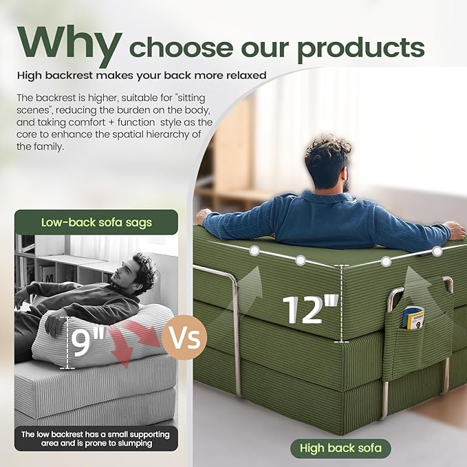 multi-functionalcorduroy sofa bed, crafted from corduroy fabric, is ideal for apartments and living rooms. sleeper sofa couch folding futon or foldable floor convertible floor studio (green, 80.15") | Multi-functional