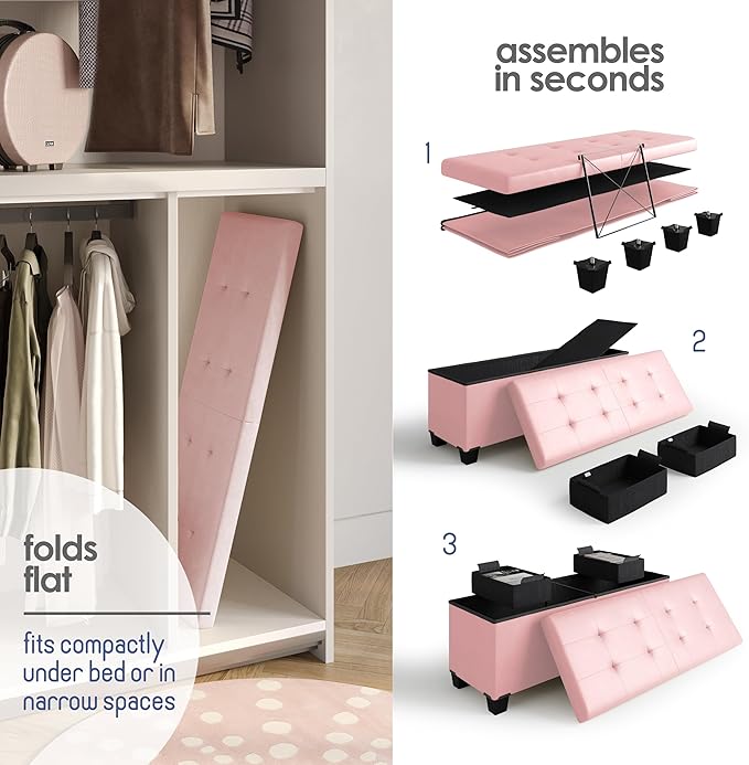 Storage Ottoman Bench with Bins, 43-in Storage Bench for Bedroom End of Bed, Folding Foot Rest Ottoman for Living Room Max 660lbs, Faux Leather Ottomans, Pink