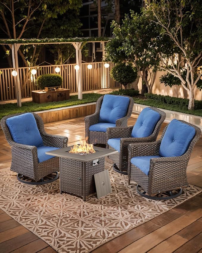 ACTREST Outdoor Patio Swivel Gliders with Fire Pit Table 5 Piece Set - High Back Brown Wicker Rattan Rocking Chair with Thick Cushion for Porch Apartment Deck Yard Poolside Garden - Navy Blue