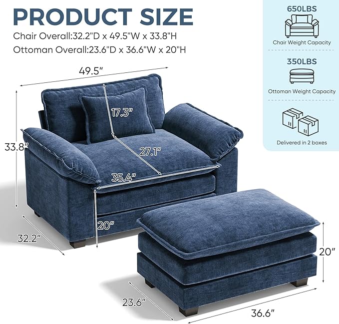 HUSFU Accent Chair with Ottoman, Oversized Chenille Cloud Couch Chair with Deep Seat and Extra Wide Armrests, Comfy Reading Armchair for Bedroom, Living Room, Blue
