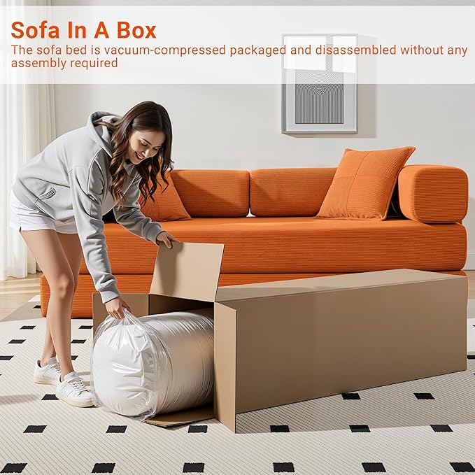 78" Convertible Sleeper Sofa Bed, Corduroy Folding Sofa Bed with Fixed-Shape Frame, Fold Out Floor Mattress Couch, Lazy Compression Sofas for Living Room, Bedroom, No Assembly Required, Orange