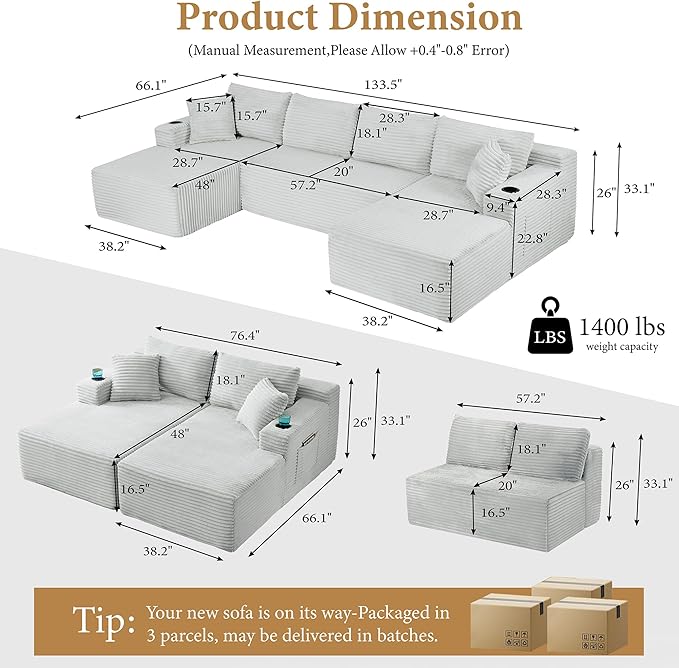 96" Sectional Couches for Living Room Cloud Couch Sofa with L-Shape Upholstered Boneless Couchs Modern Modular Sectional Couch with Chaise (Light Grey, 133" W+U Facing Chaise)