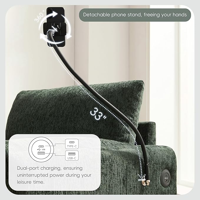 Chenille Single Sofa with Storage Ottoman, Adjustable Phone Holder, USB Charger, Side Storage Pockets, Pillow-Like Armrests, Wide Seat Chaise Lounge for Living Room & Apartment, 4 Colors