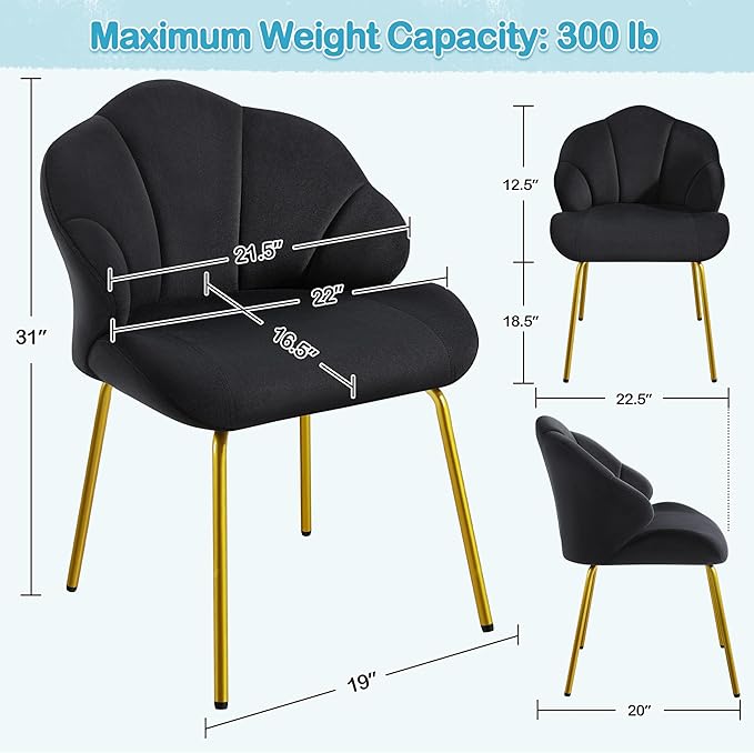Yaheetech Vanity Chair, Velvet Accent Chair with Shell-Shaped Backrest, Modern Armchair with Gold Metal Legs for Dressing Room/Bedroom/Living Room, Black