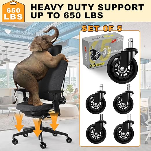FreekyFit Office Chair Wheels for Casters Replacement - 3" Rubber Wheels for Computer Gaming Desk Caster Smooth & Safe Rolling for All Floors Including Hardwood and Carpet - Set of 5 - Black
