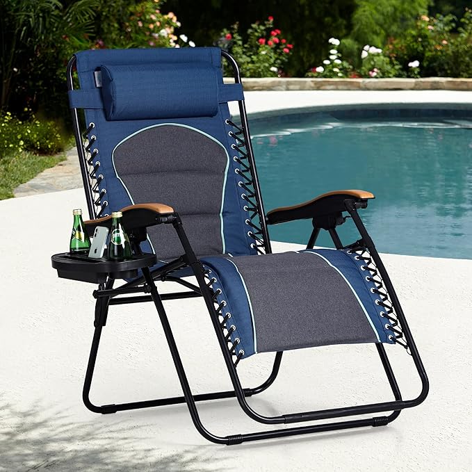 Sophia & William Oversized XL Zero Gravity Lounge Chair Padded Reclining Lawn Chair with Cup Holder, Support 400 LBS, Blue