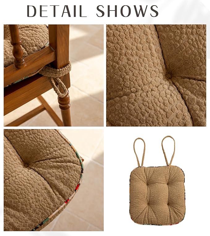 Soft Comfort Chair Pads with 3D Dots Pattern Jacquard Warm Square Chair Cushion with Ties Thicken Non-Slip Floor Pillow Fluffy Seat Cushion for Office Dining Kitchen (Coffee,15"x15")