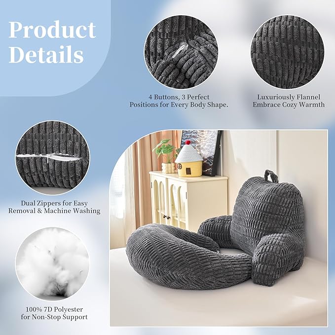 PAJEO Back Pillow for Bed Sitting Up,U Shaped & Back Support Pillow for Bed,17" Backrest with Lumbar & Arm Support,Comfy Corduroy Fabric,Lap Pillow for Gaming/Reading/Watching TV,Gray