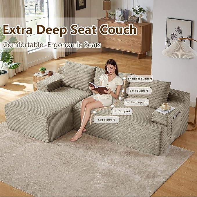 96.1" Modular Sectional Sofa Couches L-Shape Couch 3 Seat Modular Sofa Corduroy Memory Foam Sectional Boneless Couches for Living Room, Cloud Couch with Oversized Chaise(Camel, Left Facing)