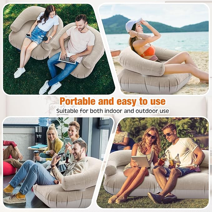 Threehoney 4 Pcs Inflatable Lounge Chair Deck Chair Lazy Sofa, Blow Up, Folding, Portable Couch for Home, Office Balcony, Floor Seating (Beige)