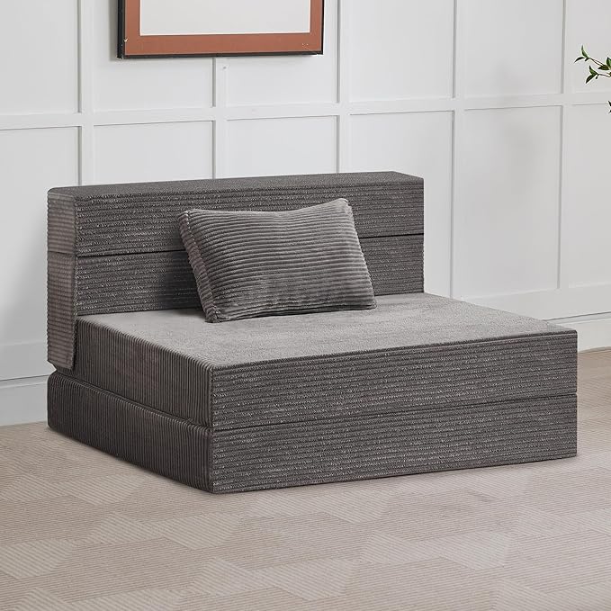 Folding Sofa Bed Convertible Floor Couch Foldable Chair Bed with Pillow，Linen Sleeper Chair Futon,Foldable Memory Foam Mattress for Bedroom/Living Room/Dorm/Office (Corduroy Grey, Standard)
