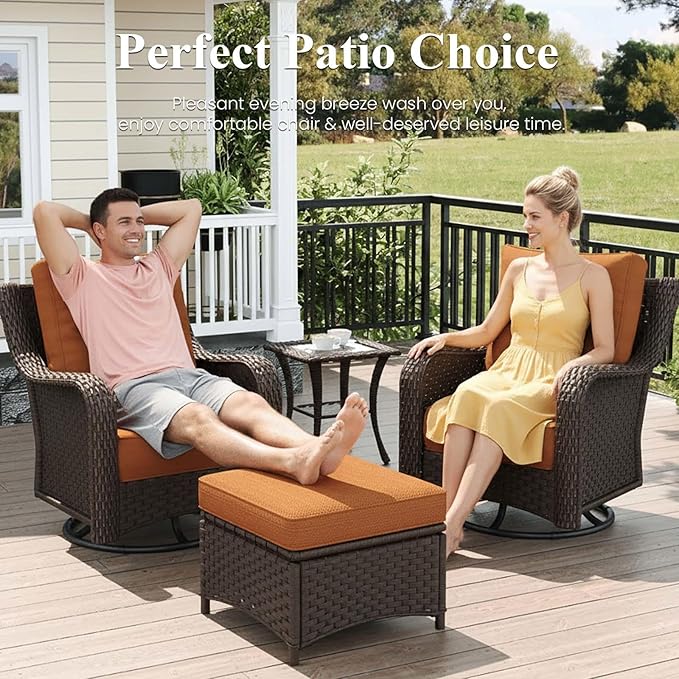 LayinSun 5 Piece Wicker Outdoor Furniture Set with 6-inch Comfy Cushions, High Back Patio Furniture Set with Swivel Rocking Chairs and Fire Pit Table