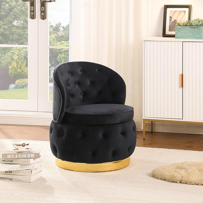 Barrel Chair with Storage, Velvet Round Armchair with Wheels, Soft Tufted Upholstered Easy Chair Tub Chair for Small Space, Living Room, Bedroom, Office, Waiting Room (Black)