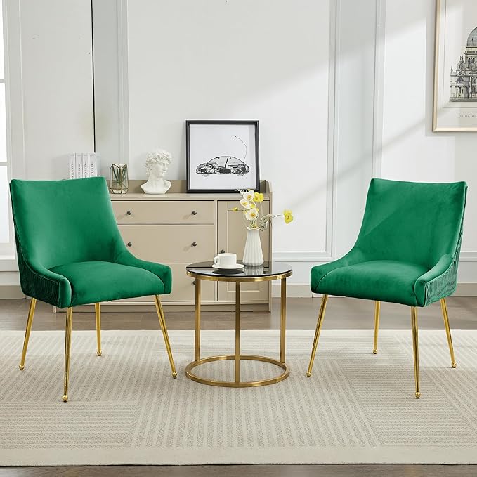 WUTUTUEE Velvet Dining Chairs Set of 6 Gold Legs,Upholstered Velvet Accent Chairs, Pleated Back Design & Gold Pull Handle, Mid Century Modern Chairs for Dining/Kitchen/Living Room,Green