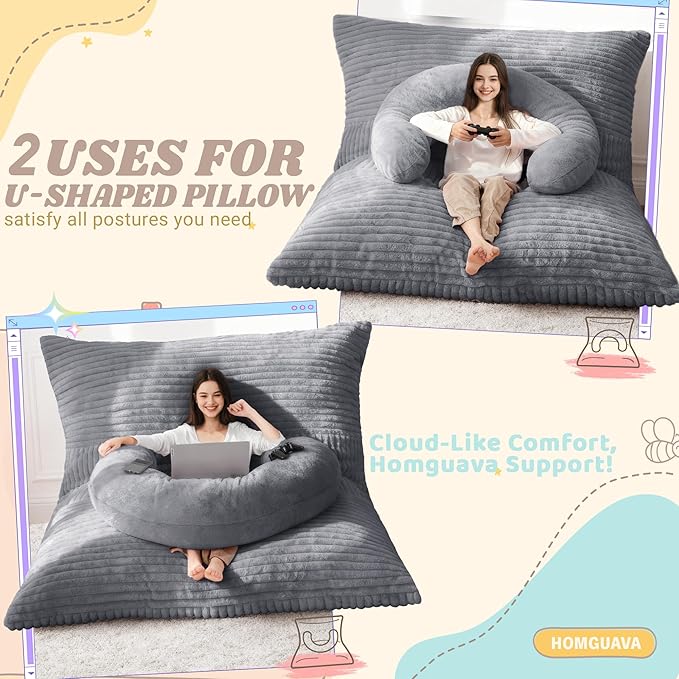 Homguava Giant Bean Bag Chair for Adults with Pillow, 4 in 1 Convertible Floor Cushion for Adluts, Memory Foamed Bean Bag Lounger with Washable Cover for Living Room, Bedroom