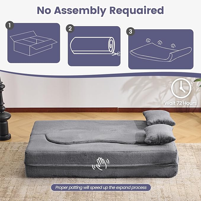 Orynveela Convertible Folding Sofa Bed, 71” Single Size Floor Sleeper Couch, Chenille Full Foam Futon Loveseat for Living Room Bedroom, No Assembly Required (Grey)