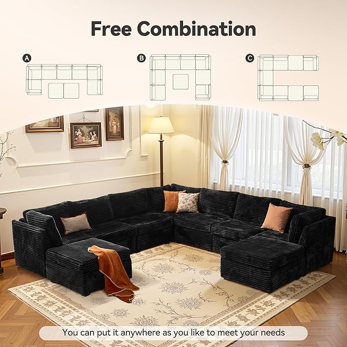CAODOC Large 9 Seat Modular Sectional Sofa with Ottoman Seat Corduroy Sleeper Sectional Sofa Bed Oversized Convertible Modular Couch for Living Room