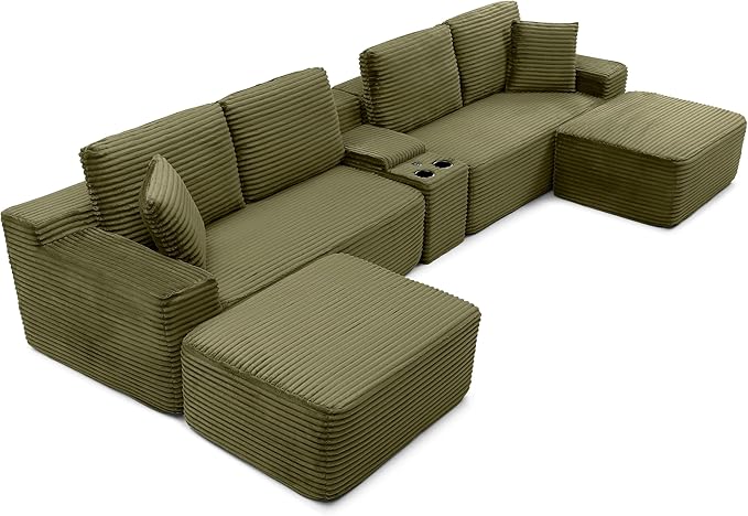 125” Oversized Modular Sectional Sofa, Deep Seat Corduroy Cloud Couch with Cup Holders, USB Ports & Storage Box, Sleeper Sofa Couch Boneless Couches for Living Room, No Assembly Required (Green)