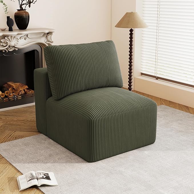 31" Modular Middle Seat Cloud Couch Extension, Armless Memory Foam Boneless Chair, Cozy Upholstered Corduroy Frameless Single Seat, No Assembly Required Accent Chair for Living Room Bedroom, Green