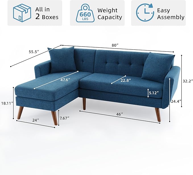 Tbfit L Shaped Couch Sofa, 80" W Mid-Century Modern Sectional Couches, 3 Seater Sofas with Wide Chaise Lounge, Button Tufted Upholstered Sectional Sofa for Living Room, Bedroom, Blue | linen fabric, button tufted, solid wood foot, pocket spring, wood s...
