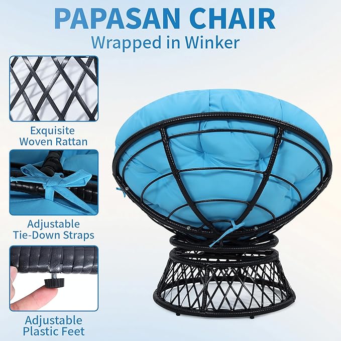 Kromax 40" Ergonomic Wicker Papasan Chair, 360° Swivel Round Egg Chair with Soft Thick Cushion, Indoor Outdoor Use for Living Room, Bedroom, Reading Room, Black Frame with Blue Cushion