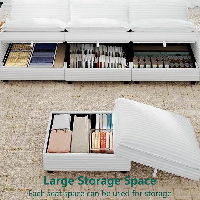 Modular Sectional L Shaped Sofa Couches with Storage Ottoman, Cloud Couch for Living Room, Comfy Sofa with Pillow, White