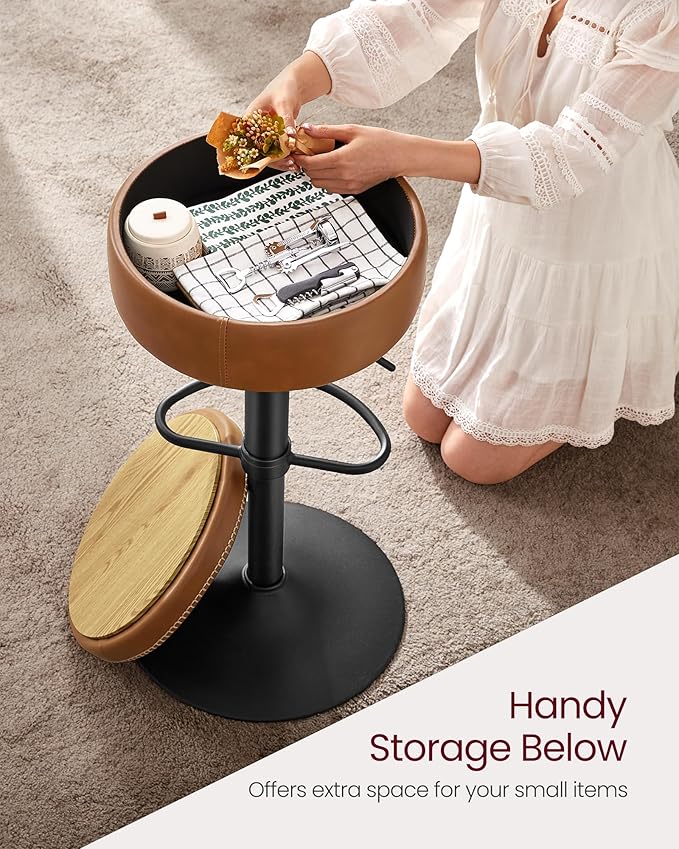 VASAGLE EKHO Collection - 360° Swivel Bar Stool, Height Adjustable Barstool with Storage, Synthetic Leather with Stitching, Mid-Century Modern, Kitchen Bar, Easy Assembly, Caramel Brown