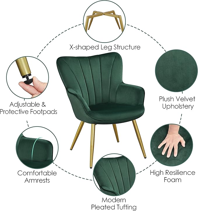 Yaheetech Velvet Accent Chair, Modern Armchair Vanity Chair with Wing Side and Metal Legs, Cozy and Soft Padded and High Back for Living Room/Makeup/Office/Bedroom, Green