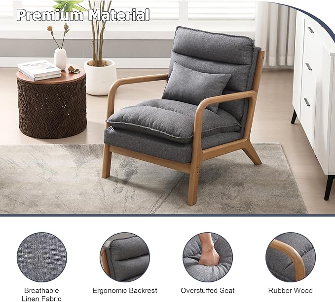 INZOY Accent Chairs Set of 2, Mid Century Modern Accent Chair with Wood Frame, Upholstered Reading Armchair with Waist Cushion, Side Chair for Living Room Bedroom Office, Easy Assembly, Grey