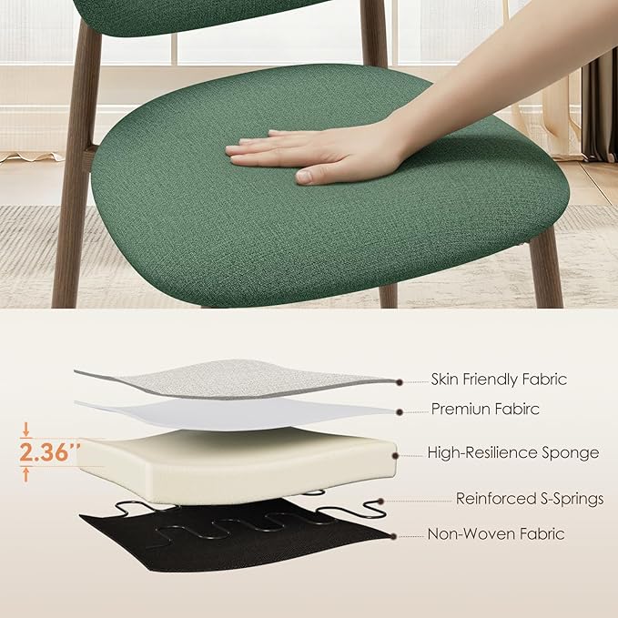 Dining Chairs Set of 6, Curved Back Kitchen Room Chairs with Metal Legs and Anti Slip Pads, Upholstered Dining Chair for Home and Restaurant, Green