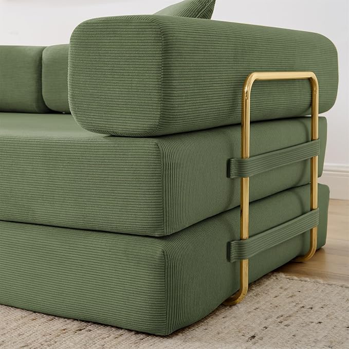 Antetek Convertible Futon Sofa Bed, 3 Seater Modern Corduroy Foam Floor King Size Bed Fold Out Sleeper Lounge Loveseat Sofa Couch with 2 Throw Pillows for Living Room Bedroom Guest Room, Green