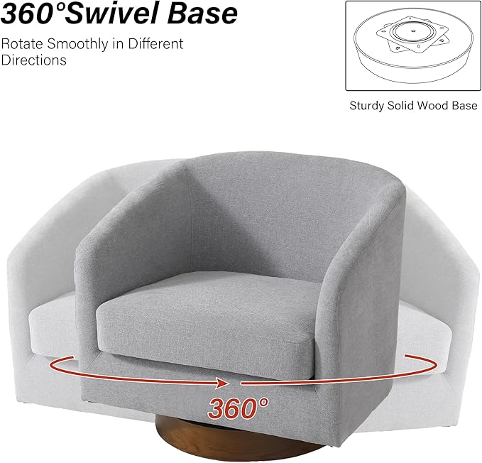 Swivel Barrel Chair, Modern Round PU Leather Accent Armchair for Living Room, Bedroom, Oversized Comfy Club Reading Chairs for Adults (Chenille Light Grey, Set of 1)