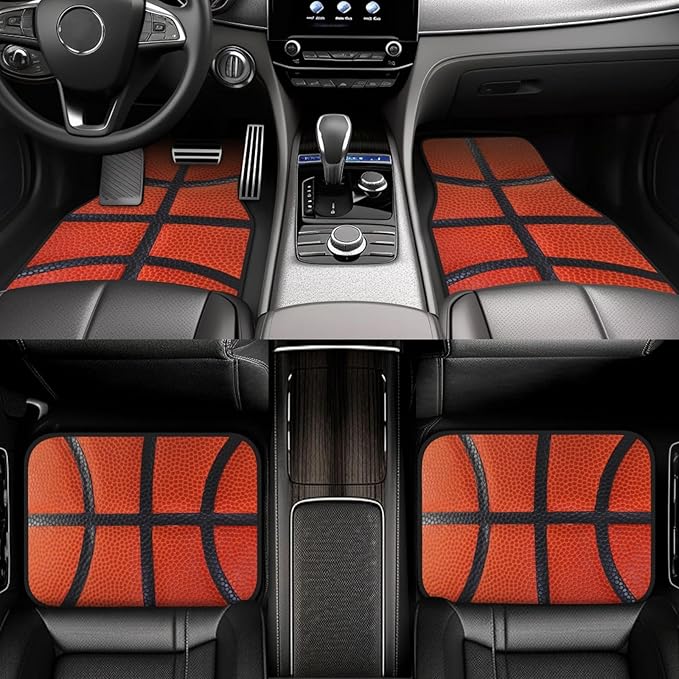 Artistic Fabric Car Floor Mats-Non-Slip Rubber Backing,Basketball,Front (26.8x17.3in) & Rear (13x17.3in) Set-Water Absorbing, Durable Automotive Floor Liners with Stylish Patterns