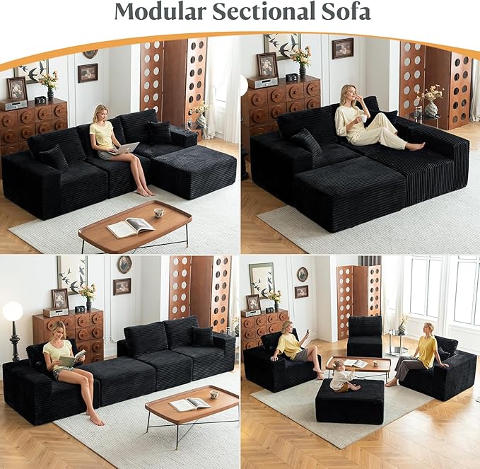 MODNEST 108" Modular Sectional Sofa Cloud Couch with Deep Seats, L Shape Couch with Chaise and Movable Ottoman, Sectional Couches for Living Room, Comfy Boneless Couches No Assembly Required, Black
