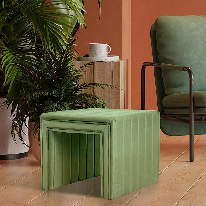 HomePop Modern Channel Tufted Velvet Ottoman|Homepop Home Décor|Ottoman for Living Room & Bedroom - Green