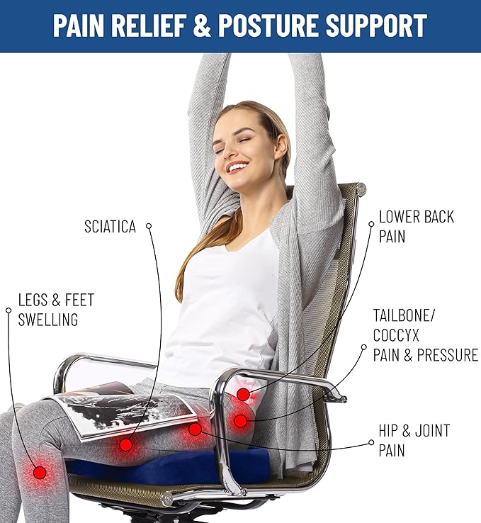 Everlasting Comfort Doctor Recommended Memory Foam Seat Cushion for Office Chairs & Car - Ergonomic Office Desk Accessories - Cushions for Tailbone Pain Relief, Sciatica (Navy Blue, Large)