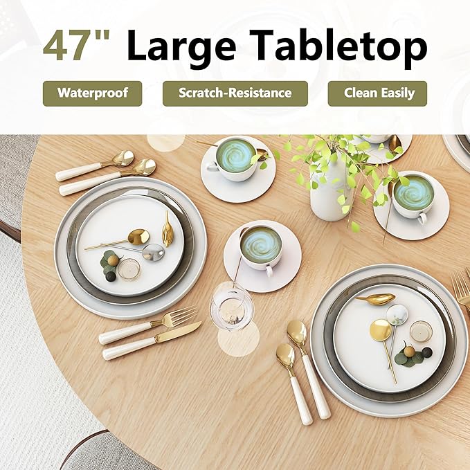 weselon 47 inch Round Dining Table for 4, Kitchen Table Dinner Table with 2-Layer Storage Shelf and Wood Slide Door for Home Dining Room Living Room (Natural)