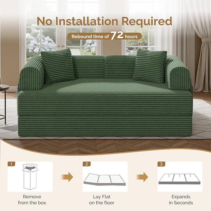 Convertible Coarser Corduroy Sleeper Sofa Bed with Cylindrical Pillow, Folding Mattress Couch with Fixed-Shape Frame, Floor Sofa Lounge Couch for Living Room Bedroom Lounge Studio, Green