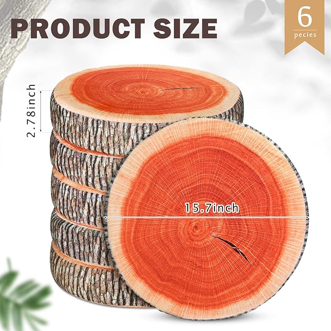 Unittype 6 Pcs Round Throw Pillow Wood Slice Chair Pillow Decorative Sofa Tree Stump Floor Cushion Natural Wood Cushion 3D Digital Printing Forest Decor for Bedroom Living Room(Stylish)