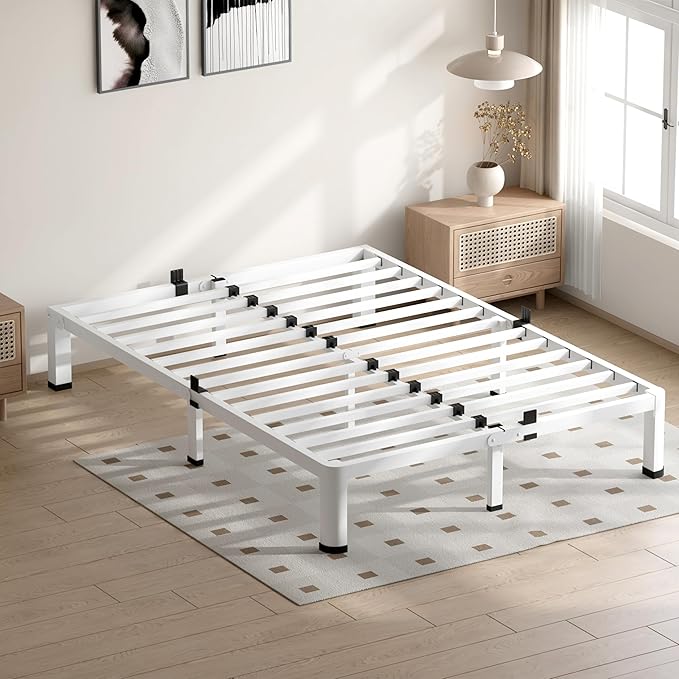 VIPSHOW 7 Inch White King Size Bed Frame, 3500Lbs Heavy Duty Metal Platform with Round Corner Legs Mattress Slide Stopper, Steel Slat Support No Box Spring Needed, Noise Free, Non-Slip, Easy Assembly