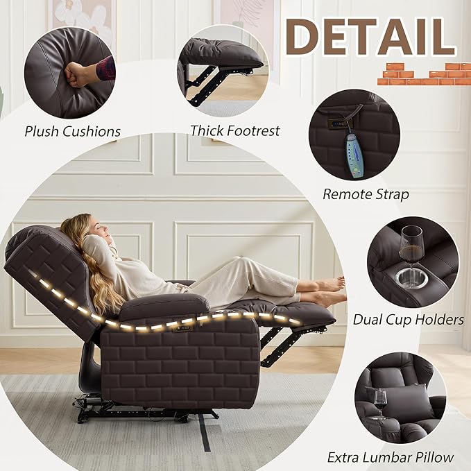 Wall Hugger Power Recliner Chair with Heat and Massage, Overstuffed Reclining Sofa Chair for Living Room Home Theater RV with 3-Side LED Lights/Cup Holders/USB & Type C Port (Brown)
