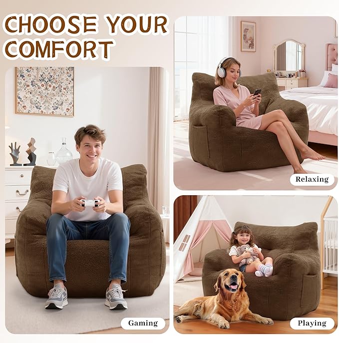 Bean Bag Chair for Adults and Kids, Small Comfy Beanbag Lounge Floor Sofa Reading Chair with Armrests, Mini Cloud Sofa for Living Room, Bedroom and Game Rooms, Plush Chair with Memory Foam