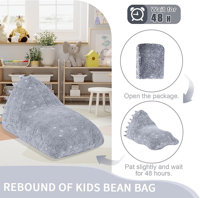 COMAX Dinosaur Bean Bag Chairs for Kids, Kid Beanbag Chair with Filler, Toddler Lounge Bean Chair, Children Lazy Floor Lounger for Girls Boys, Glowing Dino