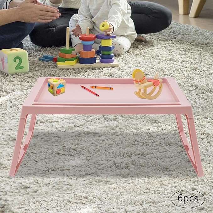 6PC Bed Tray Table with Folding Legs, Plastic Small Breakfast in Bed Tray Laptop Table Foldable Lap Desks for Eating on Sofa Laptops Sleepover Slumber Party Kids Adult (Pink)