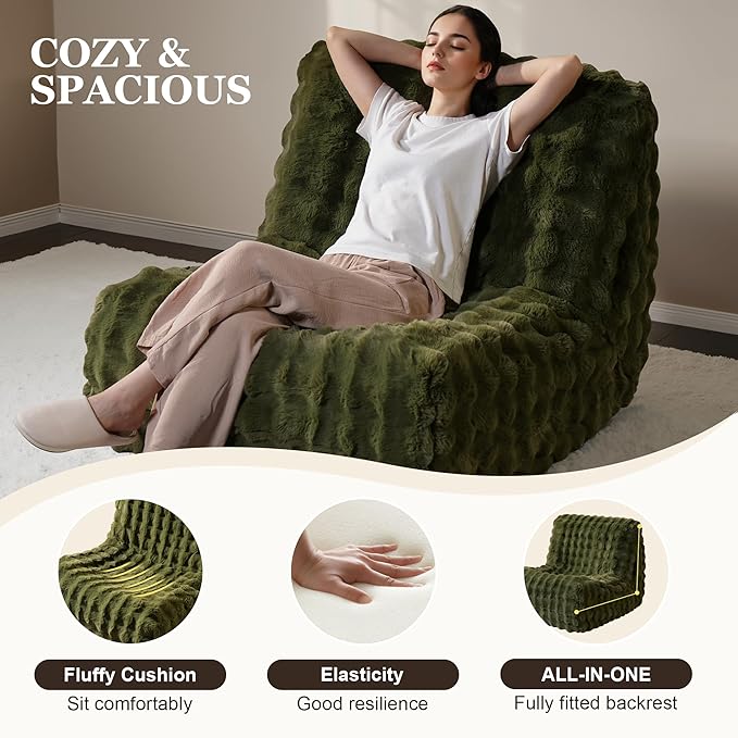 Bean Bag Chair for Adults, Lovely Bean Bag Chair with Plush Faux Fur, Lazy Floor Sofa, Comfy Reading Nook Chairs, Couch Single Sofa for Living Room Bedroom Office (Green)