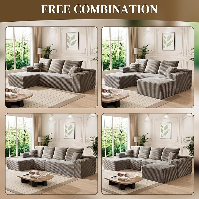 HYJT-H&K Modular Sectional Sofa Cloud Couch, 107" Comfy L Shaped Sectional Couches for Living Room, Deep Seat Memory Foam Plush Fluffy Corduroy Boneless Couch Sectionals Left Facing Sofa Chaise Camel